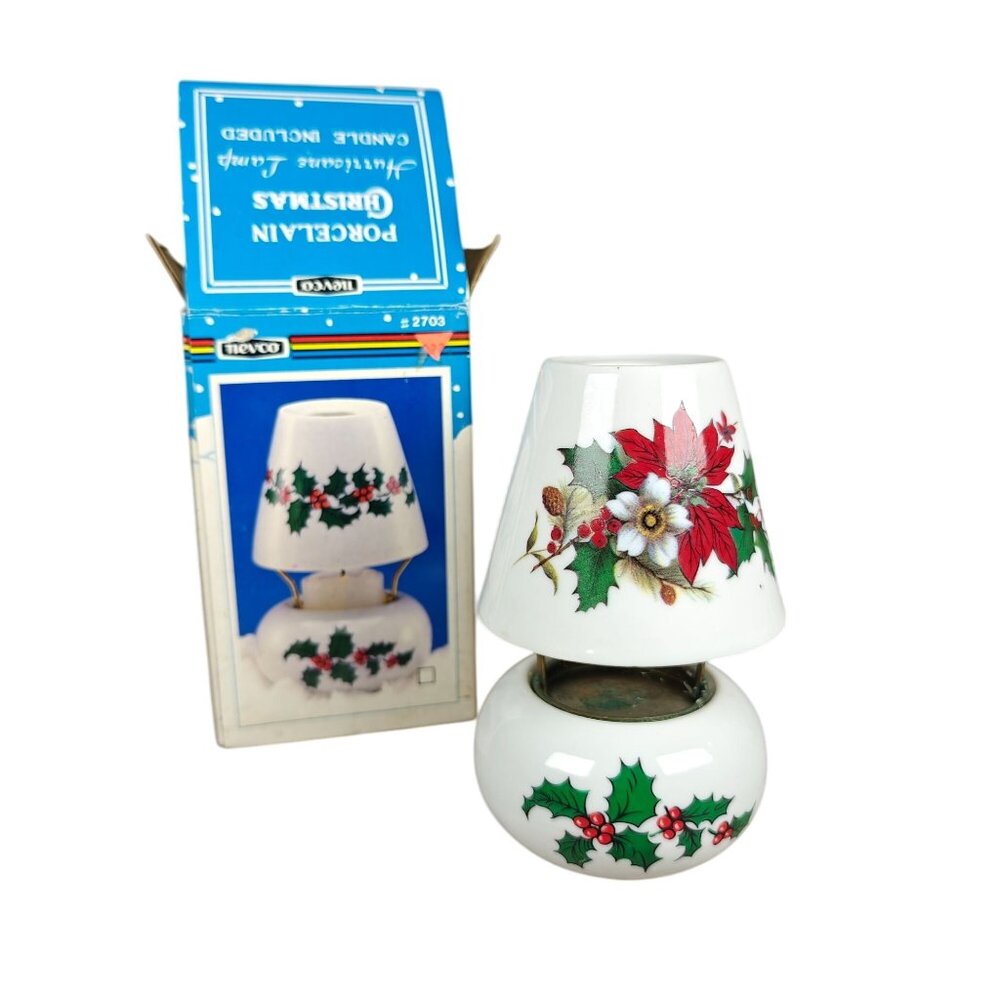 Vintage Porcelain Christmas Miniature Hurricane Candle Lamp Holly Ivy Nevco